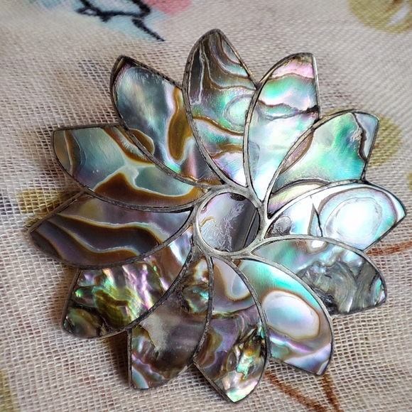 Abalone Alpaca Sterling Silver Mexico Signed Jose N 5 N5 Vintage Brooch - Picture 2 of 9